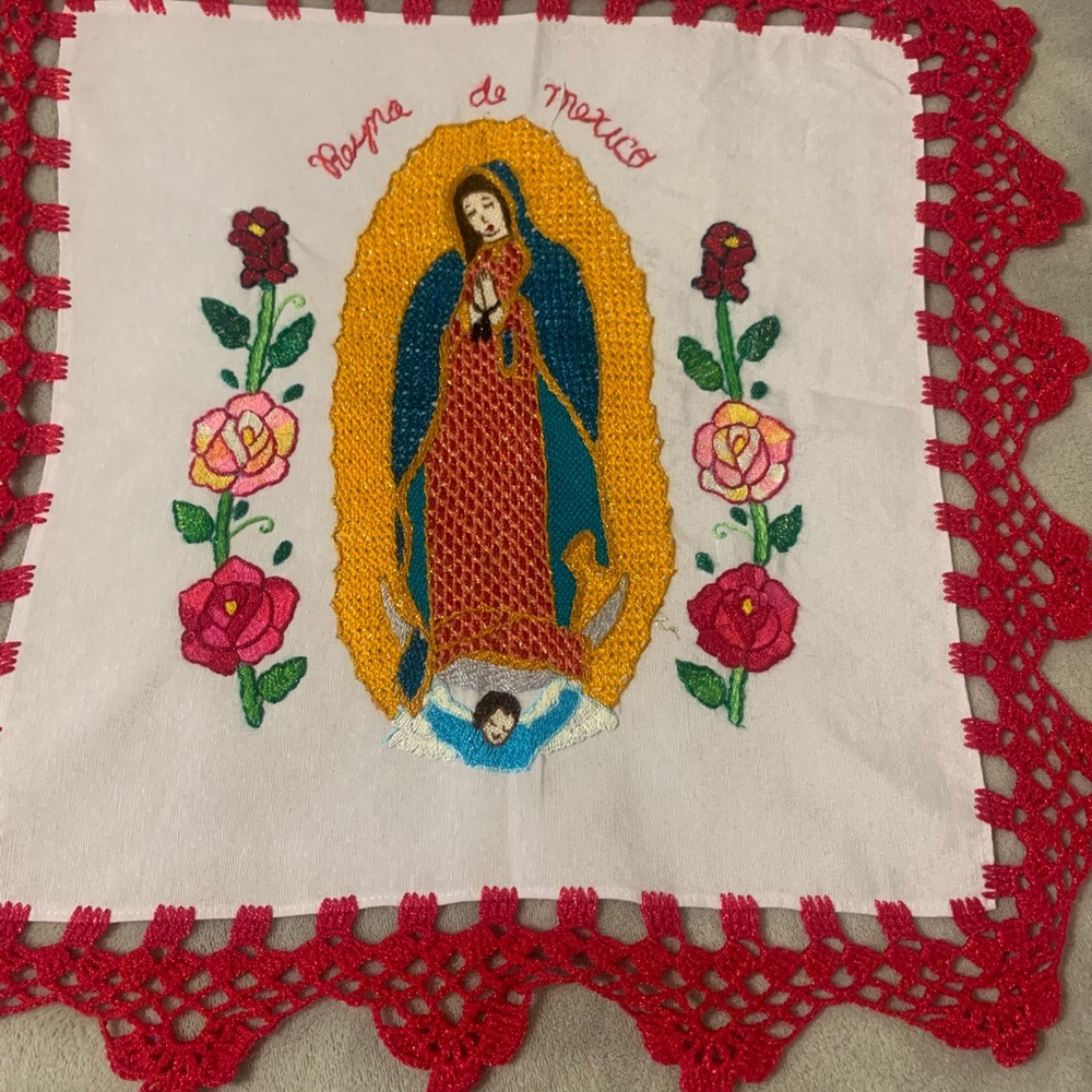 Embroidered Virgin Mary Cloth with Red Lace
